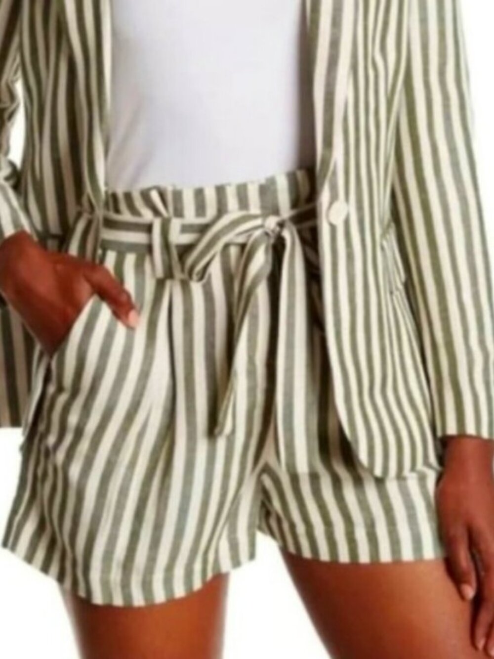 NWT L'AGENCE Alex Striped High-Waist Linen Blend Shorts - Green 0
